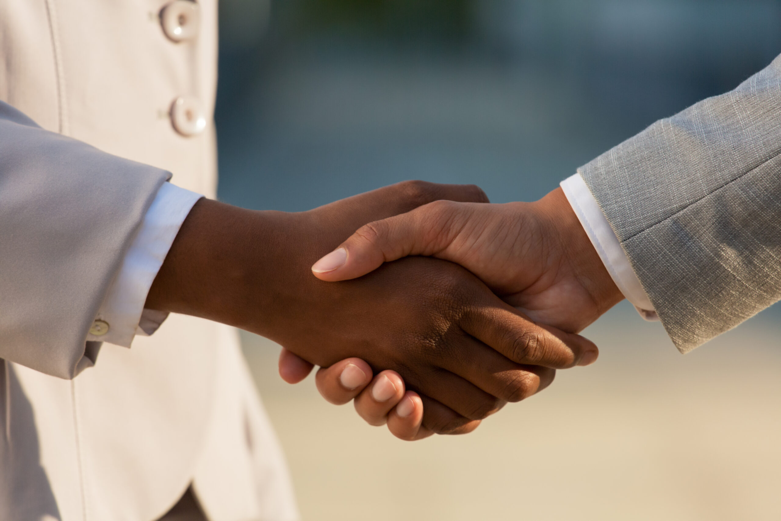 dark skinned businesswoman shaking hands with male colleague